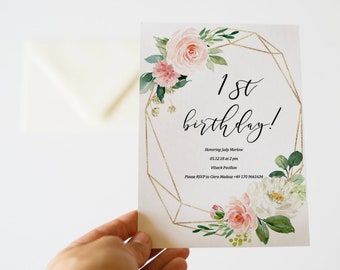 First Birthday Invitation Girl, Blush Pink Floral and Gold Birthday Invitation, 1st Birthday Party Invitation Girl, Editable Invitation,