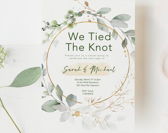 Elopement Reception Invite, Greenery and Gold Elopement Reception Invitation, We Tied the Knot, Nothing Fancy Just Love, Printable Invite