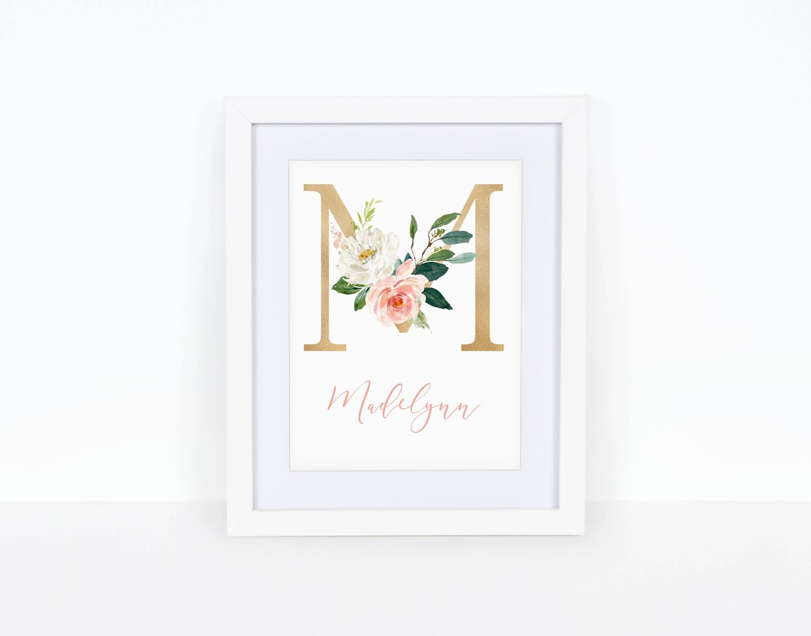Floral Monogram Gold Nursery Wall Art Nursery Decor Baby Etsy