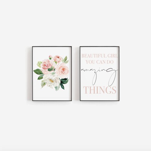 Floral Girl Nursery Wall Art Watercolor Blush Pink Coral Navy Etsy