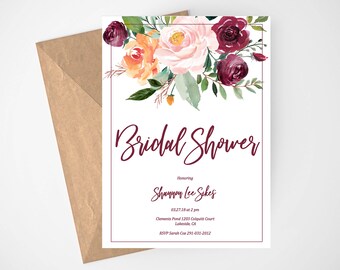 Bridal Shower Invitation Template, Burgundy Blush Floral Bridal Shower Invitation, Fall Bridal Shower Invitation, Editable Invitation, DIY