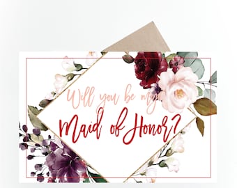 Printable Will you be my Maid of Honor, Bridesmaid Proposal Card, Bridesmaid Gift Box, Burgundy, Floral, Bridesmaid Cards,Instant Download