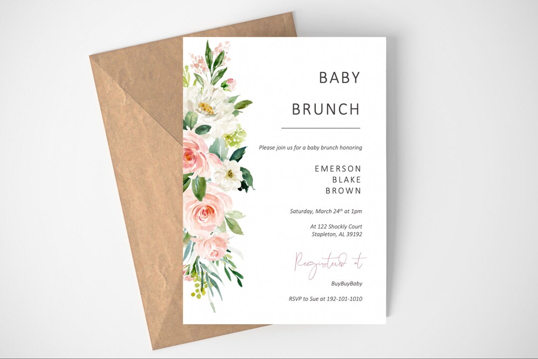Pink Floral Baby Brunch Invitation, Baby Shower Brunch Invites, Blush ...