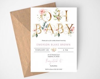 Oh Baby Shower Invitation Template, Baby Shower Invitation Girl, Blush Pink and Gold Baby Shower Invitation, Girl Baby Shower Invites, Boho