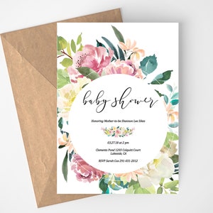 Baby Girl Shower Invitation Template, Baby Shower Invitation Girl, Floral Baby Shower Invitation, Instant Download, Editable Invitation image 1