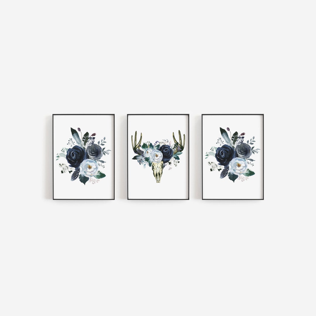 Blue Floral Wall Art, Boho Nursery, Nursery Wall Art, Watercolor