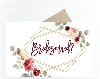 Bridesmaid Card, Printable Will you be my Bridesmaid Card, Instant Download, Bridesmaid Proposal Card, Bridesmaid Gift Box, Burgundy, Floral