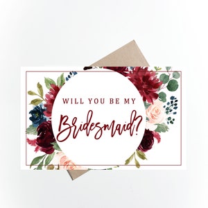 Printable Will you be my Bridesmaid Card, Instant Download, Bridesmaid Proposal Card, Bridesmaid Gift Box, Burgundy, Floral, Bridesmaid Card