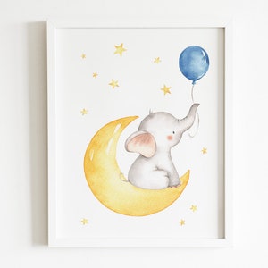 Elephant Wall Art, Baby Boy Nursery Wall Art, Boy Nursery Decor, Moon and Star, Elephant Baby Shower, Elephant Nursery Boy, Instant Download