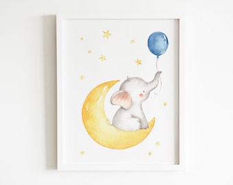 Elephant Wall Art, Baby Boy Nursery Wall Art, Boy Nursery Decor, Moon and Star, Elephant Baby Shower, Elephant Nursery Boy, Instant Download