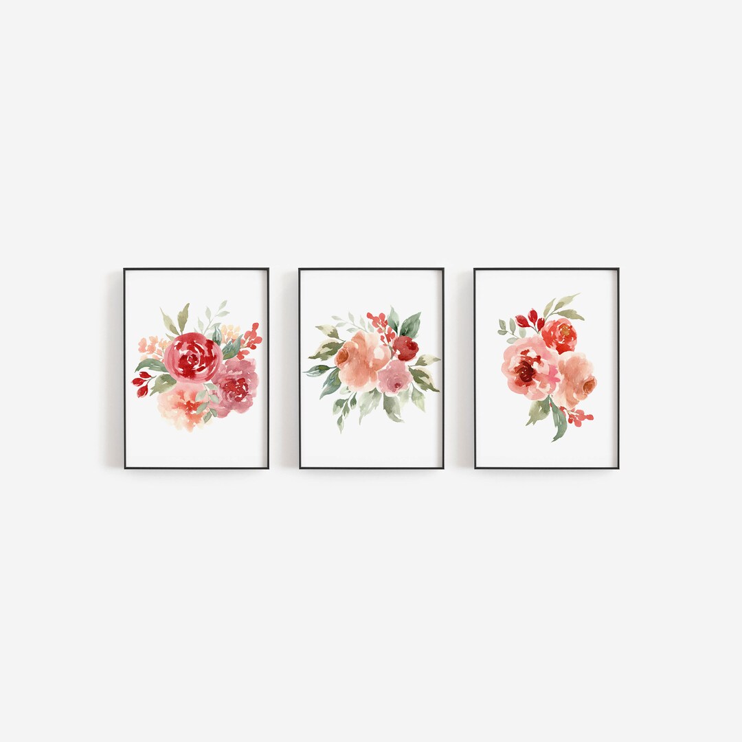 Red Floral Wall Art Set Nursery Decor Printable Wall Art Etsy