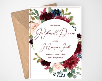 Rehearsal Dinner Invitation, Printable Invitation, Rehearsal Invitation, Wedding Dinner, Burgundy Invitation, Rustic Invitation, Boho,Floral