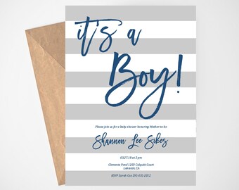 Its a Boy Baby Shower Invitation, Baby Shower Invitation Boy, Gray and Navy Blue Striped Invitation, Boy Baby Shower Invitation, Printable