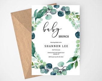 Baby Shower Brunch Invitation, Brunch For Baby, Watercolor Greenery, Brunch Invite, Rustic Baby Shower, Printable Invitation, Boho, Download