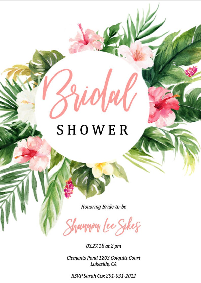Tropical Bridal Shower Invitation Tropical Leaves Floral Etsy