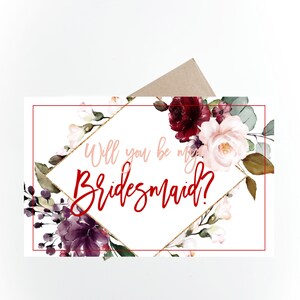 Printable Will you be my Bridesmaid Card, Bridesmaid Proposal Card, Bridesmaid Gift Box, Burgundy, Floral, Bridesmaid Cards,Instant Download