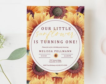 Sunflower Birthday Party Invitation, Floral Birthday Party Invitation, Our Little Sunflower is Turning One, Rustic Birthday Party Invitation