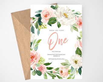 Girl 1st Birthday Invitation, Girl First Birthday, Blush Pink Floral, Floral Invitation, Printable Invitation, Girls Birthday, Flowers, Boho