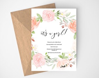 Rustic Baby Shower, Its a girl, Watercolor Flowers, Floral Invitation, Baby Girl, Baby Shower Invites, Girl Baby Shower, Invitation Template