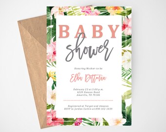 Tropical Baby Shower, Luau Baby Shower, Baby Shower Invites, Hawaiian Baby Shower, Tropical, Printable Invitation, Girl Baby Shower, Pink