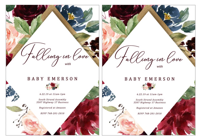Baby Shower Invitation Girl Burgundy and Gold, Instant Download Printable Baby Shower Invitations Fall Baby Shower Invitation Template