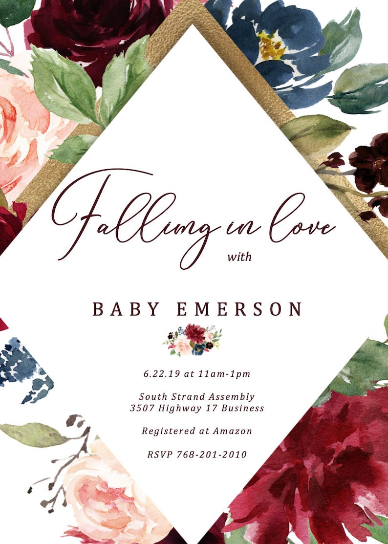 Baby Shower Invitation Girl Burgundy and Gold, Instant Download Printable Baby Shower Invitations Fall Baby Shower Invitation Template