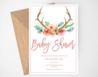 Rustic Baby Shower invitation, Baby Shower Invitation, Floral Antlers Invite, Boho Baby Shower, Editable Invitation, Girl Baby Shower, Boho