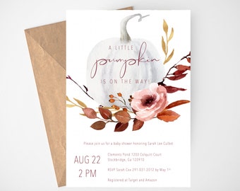 Pumpkin Baby Shower Invitation, Fall Baby Shower Invitation Template, A Little Pumpkin is on the Way, Baby Shower Invitation Girl, Floral