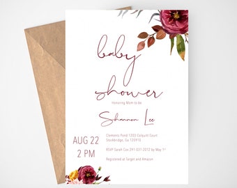 Printable Fall Baby Shower Invitation, Baby Shower Invitation Girl, Burgundy Floral Baby Shower Invitation Template, Instant Download,