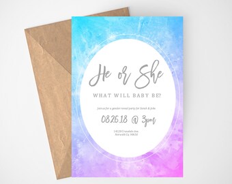 Gender Reveal Invitation Template, He or She What Will Baby Be, Instant Download, Gender Reveal Party Invitation, Blue or Pink, Boy or Girl