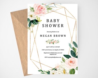 Girl Baby Shower Invitation, Baby Shower Girl, Baby Shower Invites, Pink and Gold, Boho Baby Shower, Baby Girl Shower, Gold Glitter, Pink