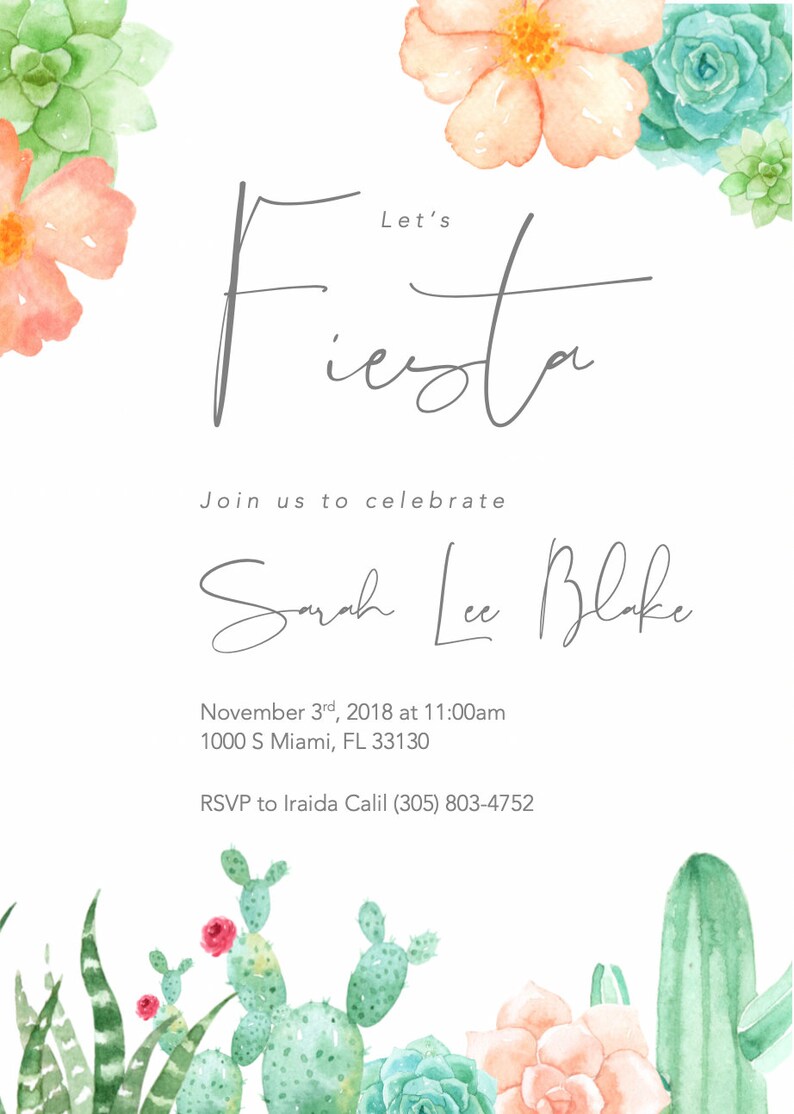 Fiesta Bachelorette Party Invitation Succulents, Printable Bachelorette Party Invitation Printable Invitation Fiesta Party Invitation