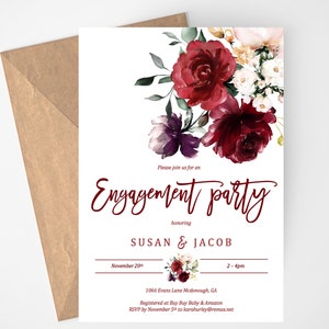 Floral Engagement Party Invitation, Burgundy Floral Engagement Party Invitation Template, Fall Engagement Party Invites, Instant Download,