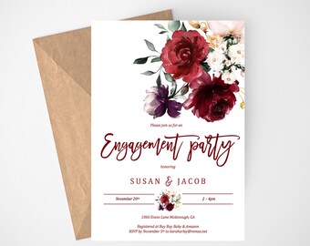 Floral Engagement Party Invitation, Burgundy Floral Engagement Party Invitation Template, Fall Engagement Party Invites, Instant Download,