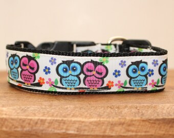 Búhos rosas y azules en un collar de perro de rama, correa o conjunto emparejado ... también disponible para MAYORISTA