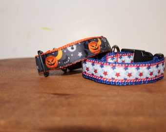 2 Extra Small Holiday Collar Bundle Pack, Halloween and Memorial/Labor Day/4th of July