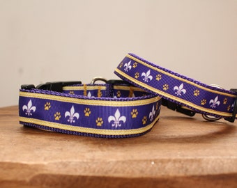 Gold and Purple Fleur de Lis and Paws Dog Collar, Leash, or Matched Set....also available for WHOLESALE