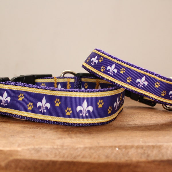 Gold and Purple Fleur de Lis and Paws Dog Collar, Leash, or Matched Set....also available for WHOLESALE