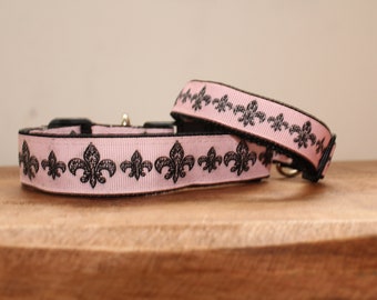 Pink and Black Fleur de Lis Dog Collar, Leash, or Matched Set....also available for WHOLESALE