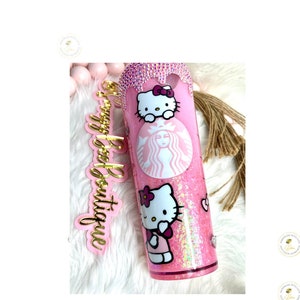 HelloKitty Cat Tumbler, Hello Pink kitty Snow Globe Tumbler, kITTY Cat Rhinestone Bedazzled Tumbler Cups, Drip Rhinestone