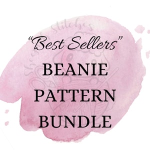 May include: A pink watercolor background with the text "Best Sellers" in a cursive font. Below the text is the text "BEANIE PATTERN BUNDLE" in a black sans-serif font.