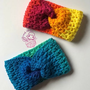 May include: Two crocheted headbands in rainbow colors. The headband on the left is blue, green, and teal. The headband on the right is red, orange, and yellow.