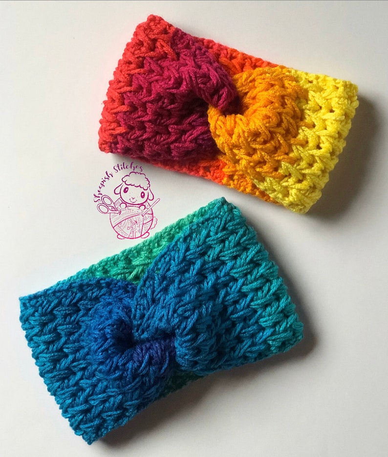 May include: Two crocheted headbands in rainbow colors. The headband on the left is blue, green, and teal. The headband on the right is red, orange, and yellow.