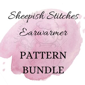 May include: A pink watercolour background with the text "Sheepish Stitches Earwarmer PATTERN BUNDLE" in black.