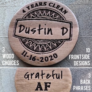 Personalized recovery medallion • laser-engraved wood • custom recovery gift • cleantime • sobriety • just for today • jft