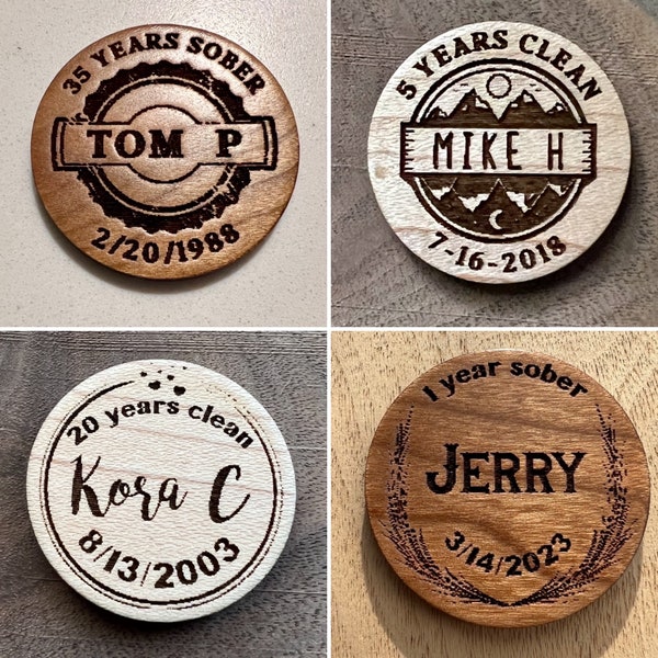 Personalized recovery medallion • laser-engraved wood • custom recovery gift • cleantime • sobriety • just for today • jft