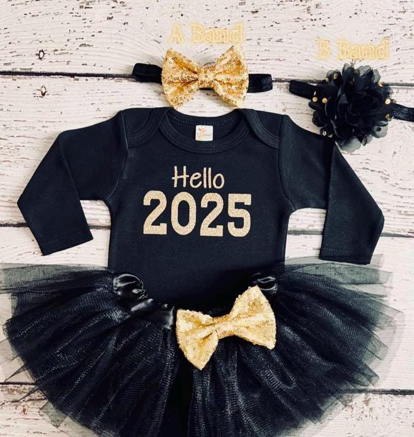 Black and Gold Hello 2025 Outfit New Years Baby Girl Outfit