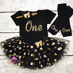 Black and gold birthday girl outfit,One Baby girl outfit,First birthday set,Black - gold polka tutu,One- Two- Three -Four-Five-six Bodysuit