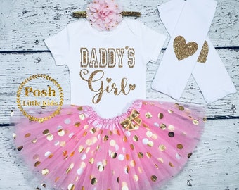 Pink&Gold Daddy's Girl Birthday outfit,Daddy's Girl  bodysuit, Baby girl birthday outfit,polka tutu, Pink and gold birthday smash cake