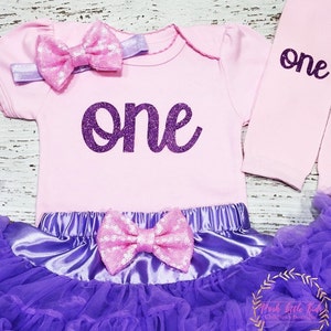 Birthday girl outfit, pink and lavender Birthday Girl Outfit,Lavender pettiskirt, One birthday outfit, 1st Birthday girl smash cake outfit, image 2